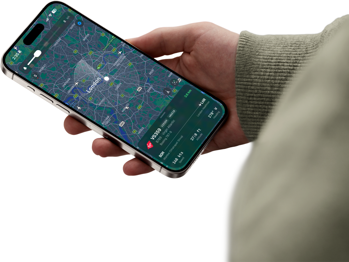 AeroTail app showing aircraft tracking on a map