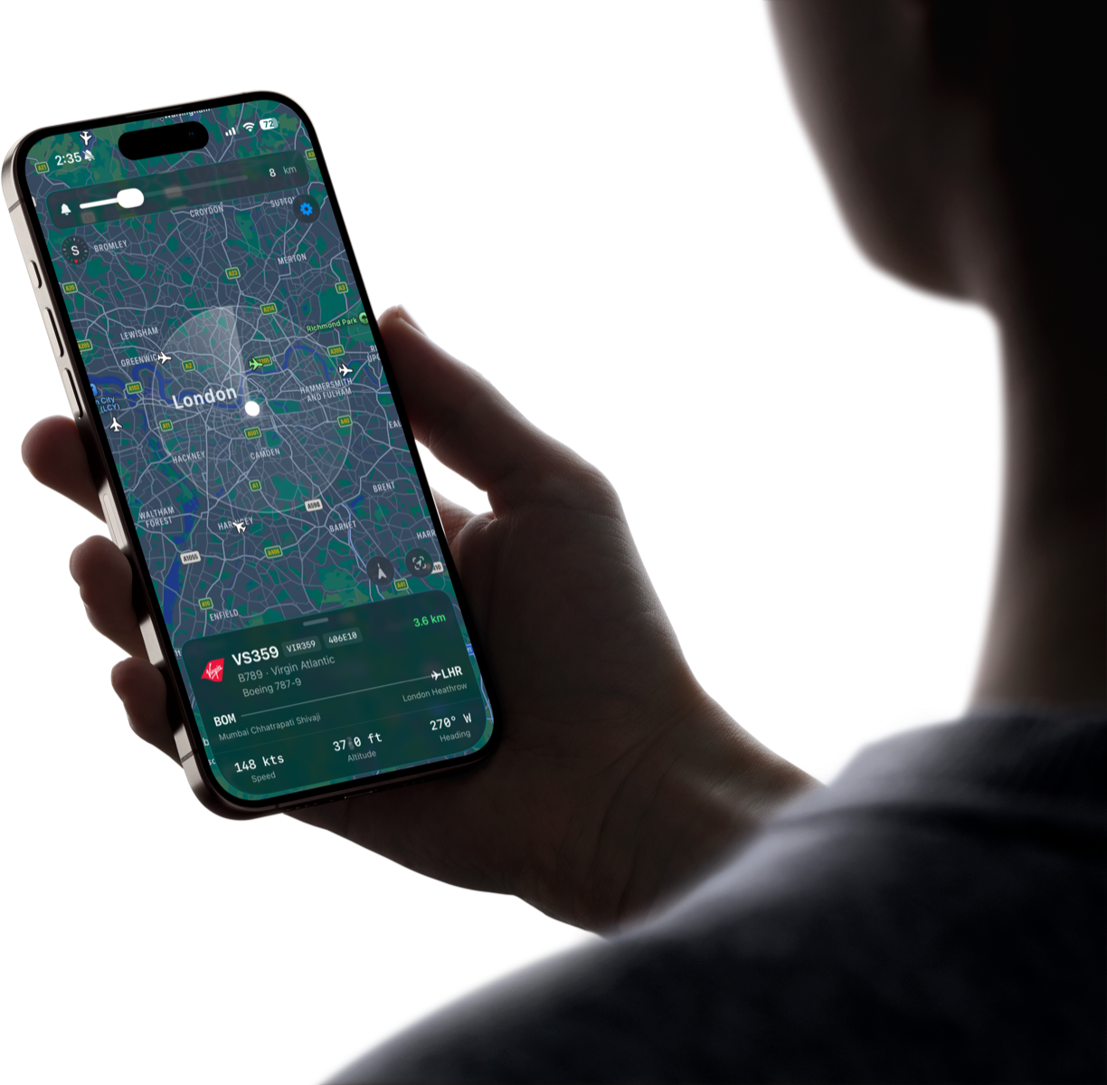 AeroTail app showing aircraft tracking on a map